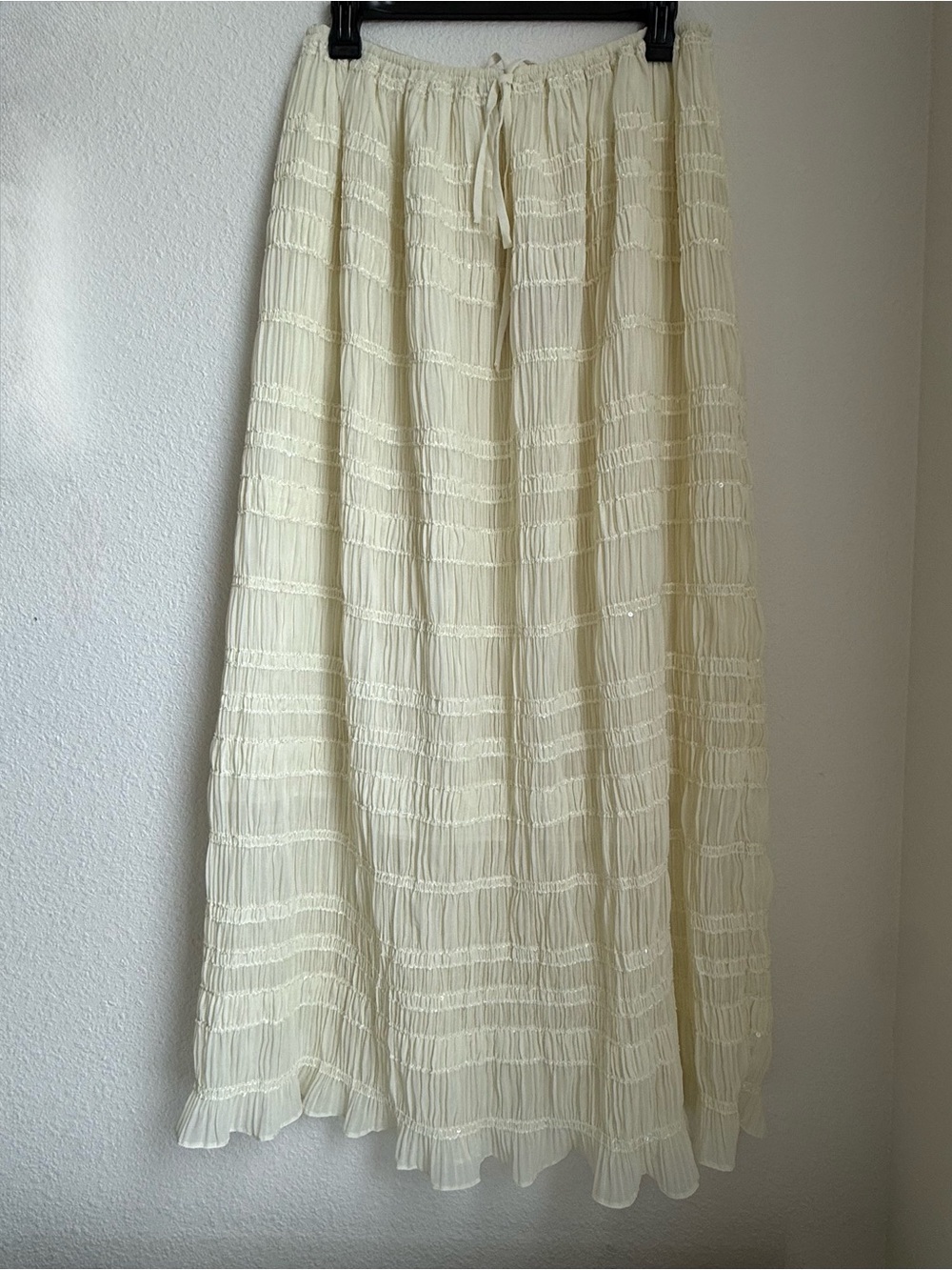 Cream Sequin Chiffon Ruffle Maxi Skirt NWT